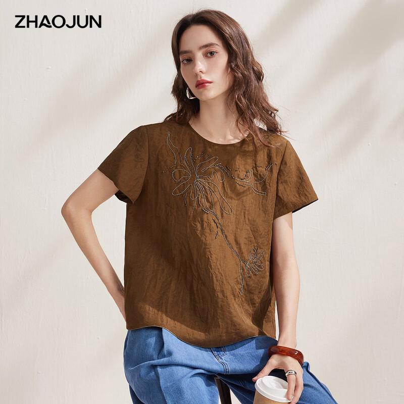 Zhaojun Women s Embroidered Round Neck Silk Top L