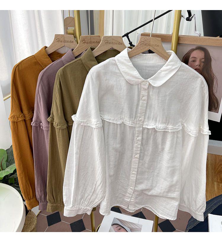 Jednobarevná retro halenka s volánky a lucernovými rukávy, dámská nadměrná velikost, bavlněná a lněná halenka s dlouhým rukávem na rané jaro 2024