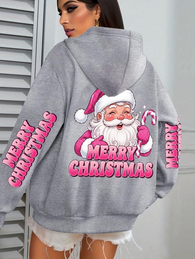Merry Christmas Pink Santa Printed Sweater Women'S Pocket Hooded Sweater Autumn Winter Hoodie