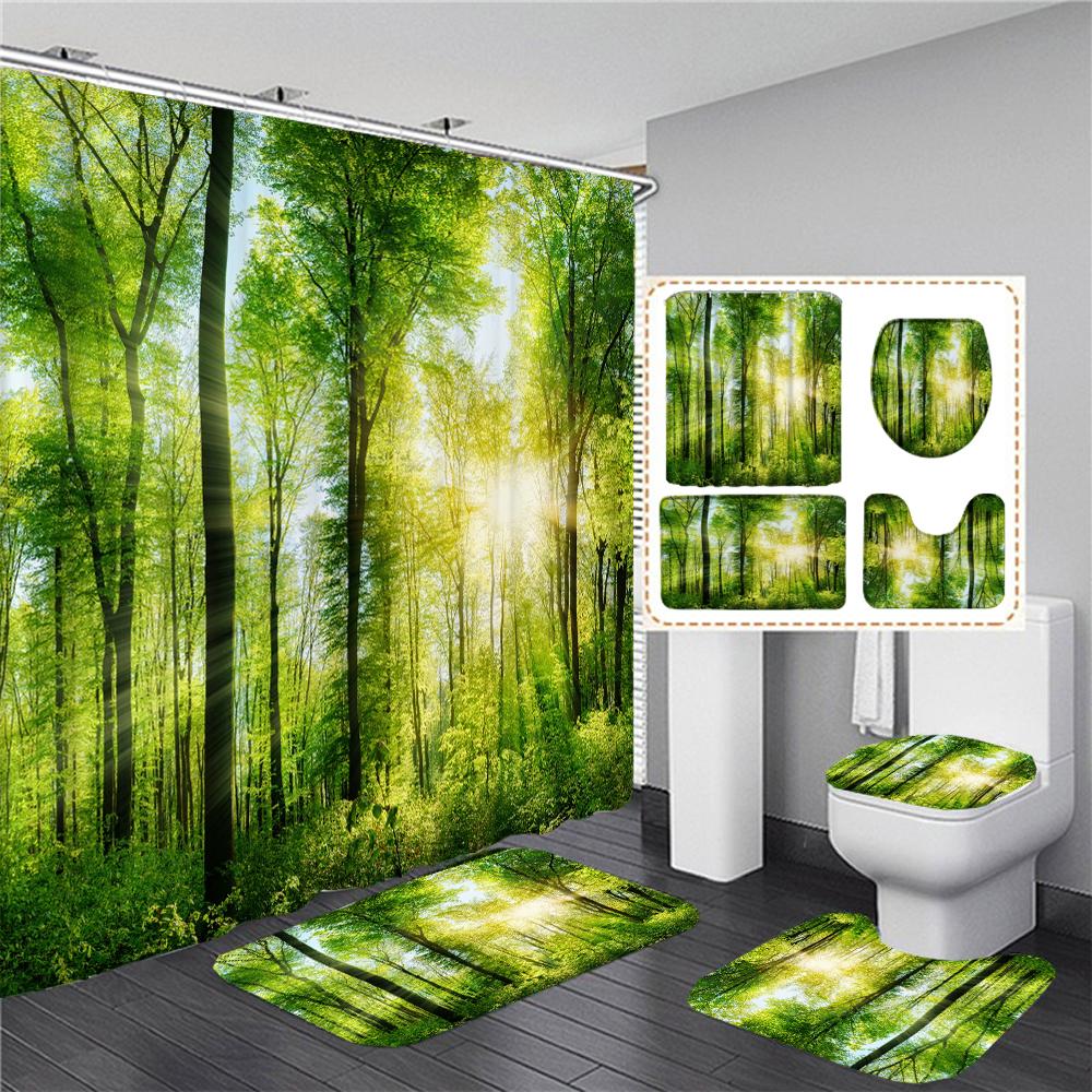 3D Natural Forest Landscape Printed Waterproof Fabric Bathroom Curtain Shower Curtains Set Anti-Skid Rugs Toilet Cover Bath Mat