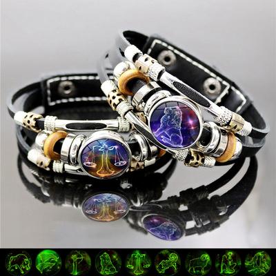 Glow In The Dark Zodiac Multilayer Beaded Leather Bracelet Punk Jewelry Birthday Gift For Students Couples