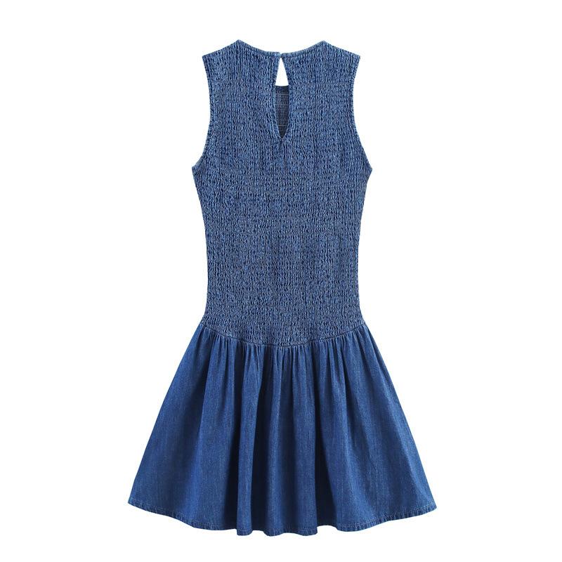 Women's Round Neck Sleeveless Mini Dress Slim Fit Mid Waist Shirred Denim Sundress