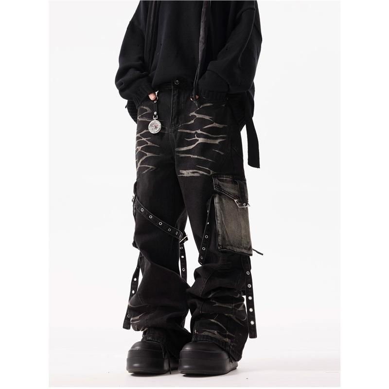 American retro corrugated multi-pocket strap jeans niche design heavy industry loose straight tooling trousers