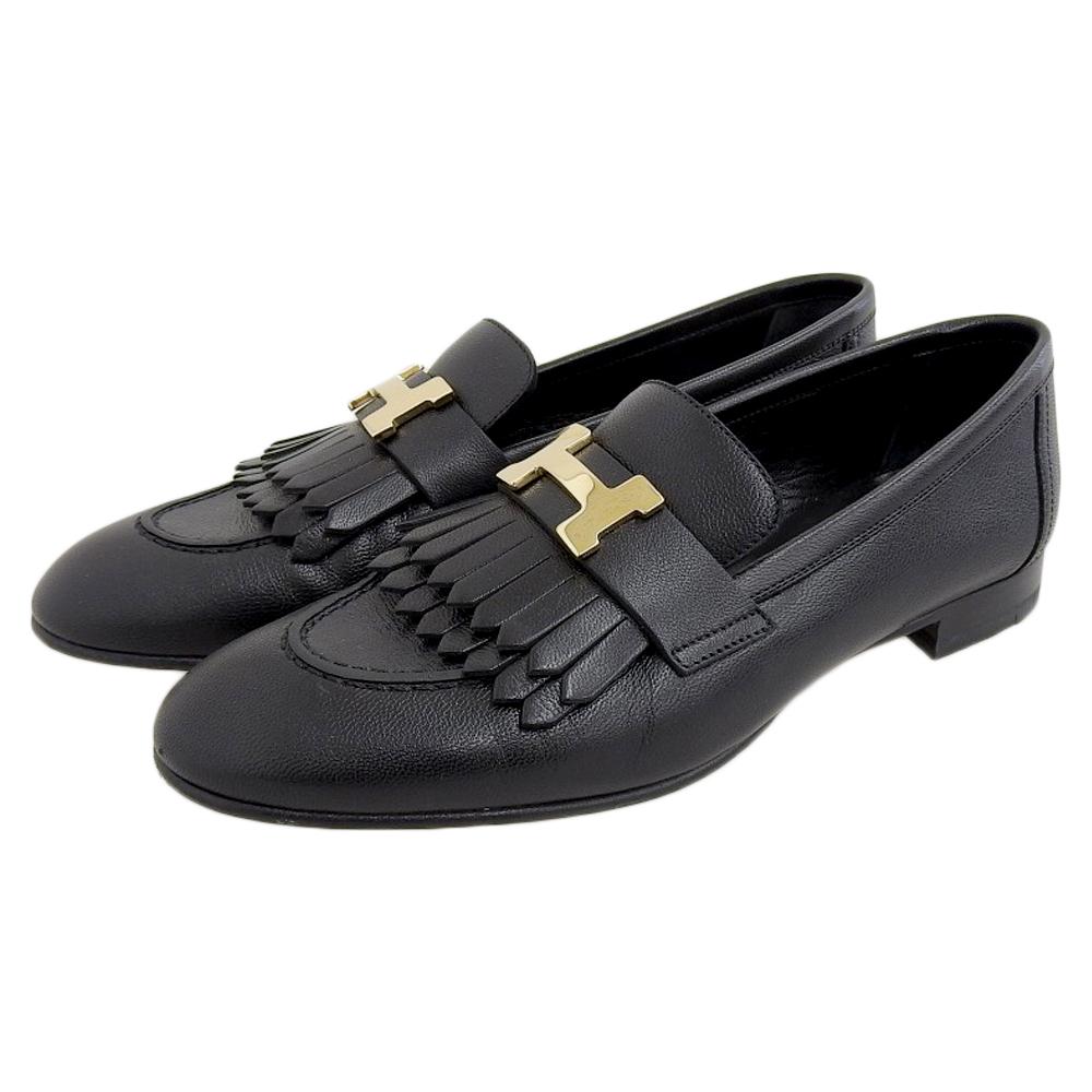 HERMES Excellent condition Royale Chèvre moccasin by GHardware, H motif, fringe, leather loafers, women's, black, size 36, H192203Z shoes 36 blackUsed