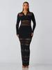 TW823 European and American Women's High-End Mesh Splicing Slim-Fit Waist-Cinched Long Dress for Autumn and Winter