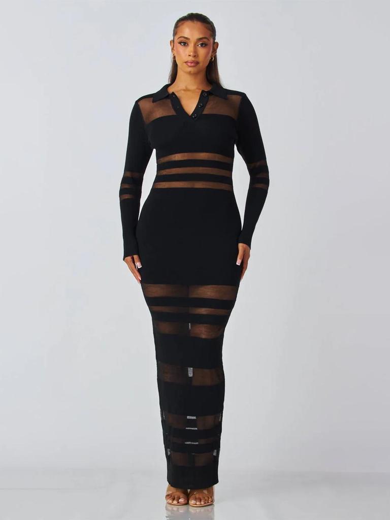 TW823 European and American Women's High-End Mesh Splicing Slim-Fit Waist-Cinched Long Dress for Autumn and Winter