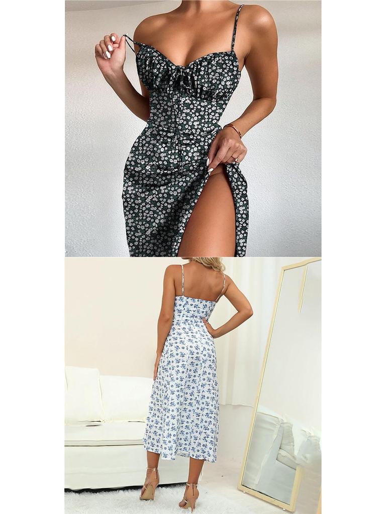 2026 Spring European & American Women's Sexy Printed Lace-up Slit Camisole Dress
