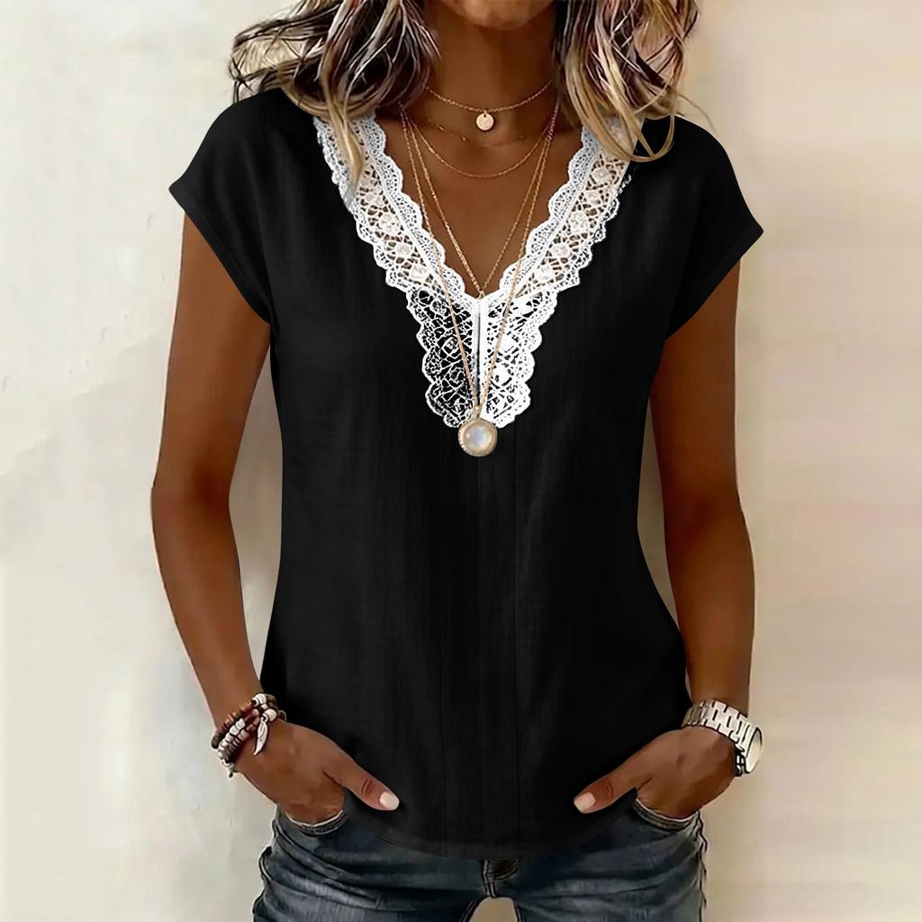 Women Casual Pullover Top V Neck Lace Trim Stitching Short Sleeve Blouse Lightweight Loose Fit Shirt for Everyday Wear