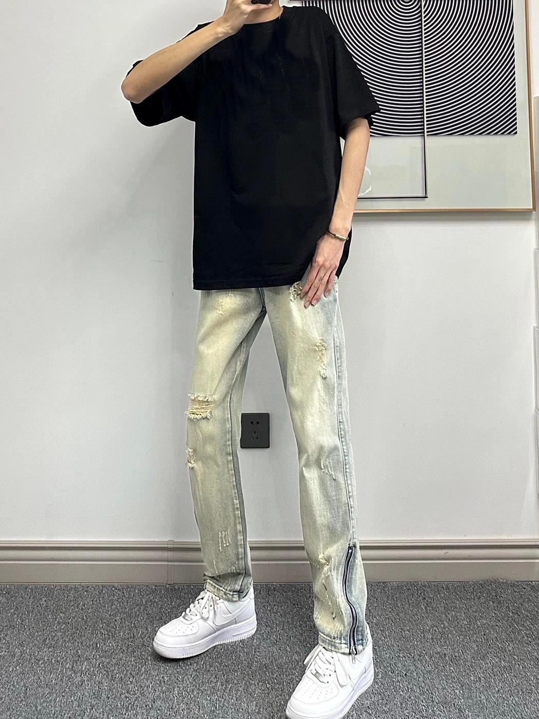 JYL Men s Jeans New Ripped American High Street Side Zip Slim Denim 2XL бездна