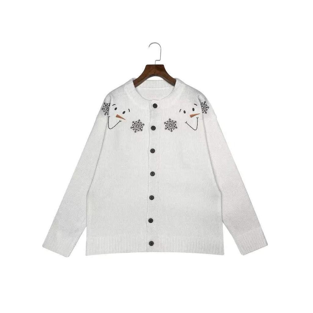 Damen Weihnachten Schneeflocke Mode Lässig Vielseitige Strickjacke Herbst Winter Neuer Stil Weiß Rundhals Knopf Strickoberteil