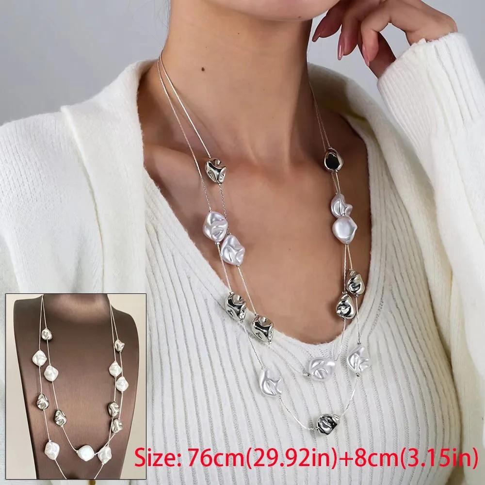 New Alloy Pentagram Star Pendant Silver Color Punk Long Chain Necklace Double Layer Y2K Style Choker