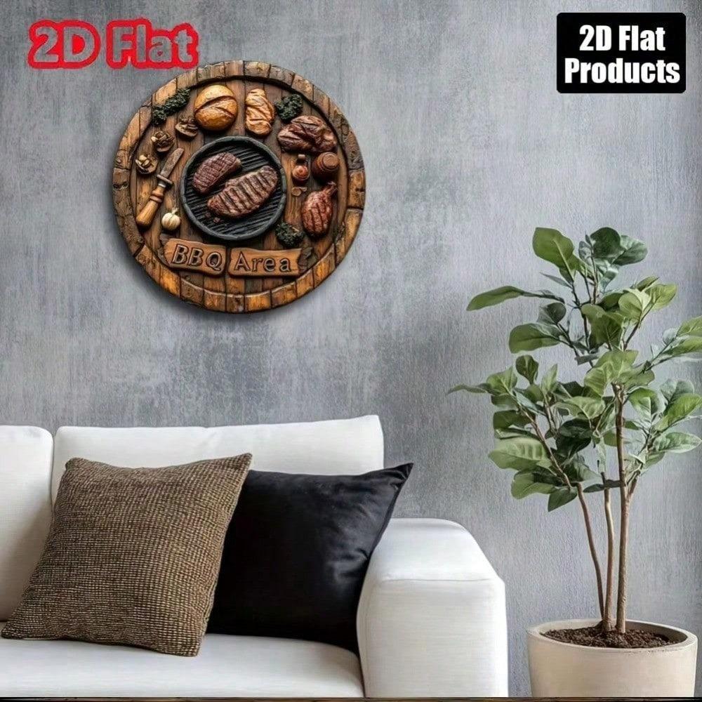 Placca Artistica da Parete Rotonda in Metallo 20x20 cm Segno Rustico per Grigliata BBQ Design Grigliata Carne Tavola di Legno Decorazione Cucina Retrò Bar di Casa Man Cave