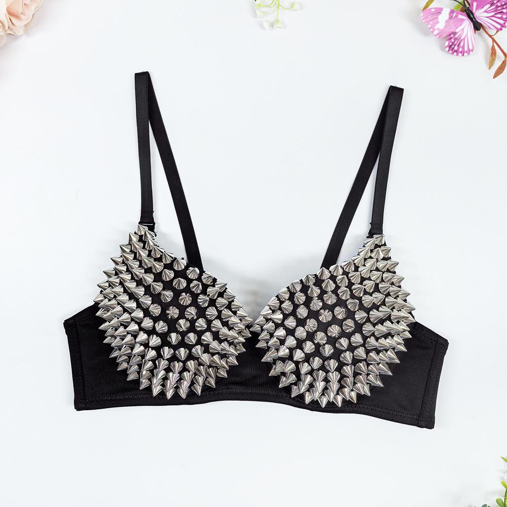 Women's Sexy Lingerie,Fashion Rhinestone Cover Bra Top for Dancing Performance Party,Spiky Steampunk Metallic Studded Rivets Top