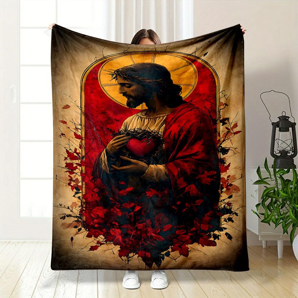 Sacred Heart Jesus Blanket Printed Blanket for Living Room Bed Couch Lunch Break Soft Cozy Blanket for Friend's Festival Gift
