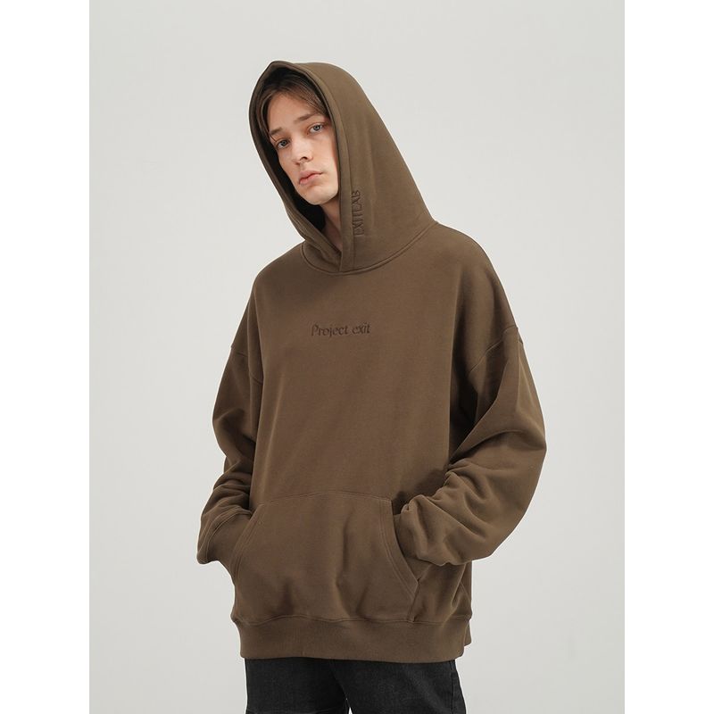 Black of Exit National Trend Basic Embroidered Loose Hooded Sweatshirt for Men and Women High Street Design Fleece Hoodie