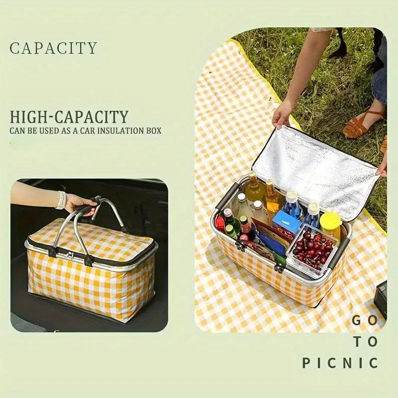 Outdoor Picnic Basket Large Capacity Foldable with Aluminum Foil and Metal Frame Essential Thermal Insulation Camping Lunch Bag