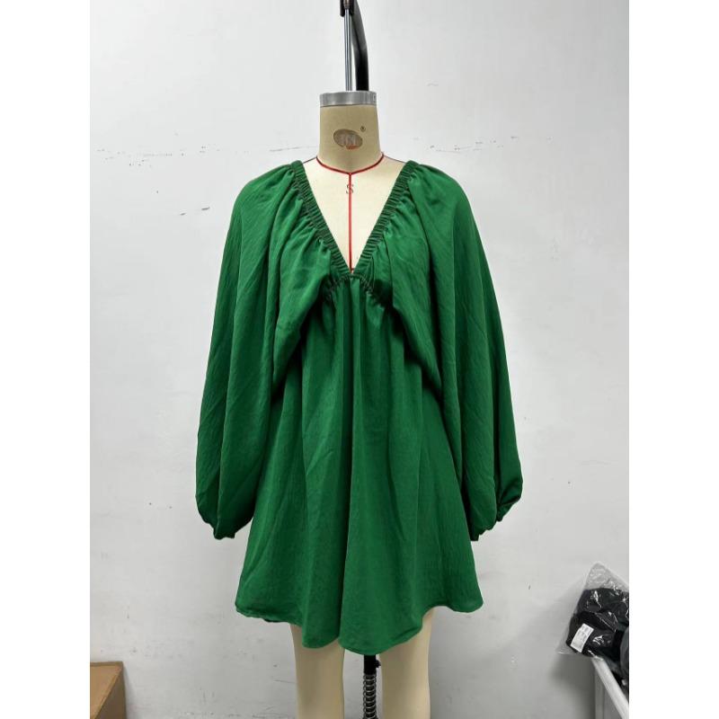 Elegant Fashion Deep V-neck Long Sleeved Women Dress Spring Summer Simple Casual Loose Sexy Solid Color A-line Party Dress Female Office Ladies