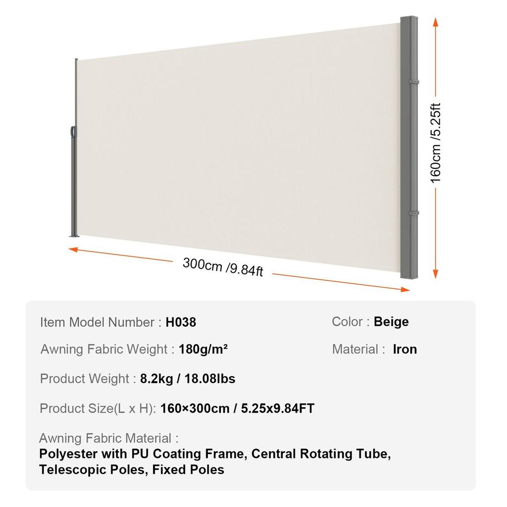 Einziehbare Seitenmarkise, 63''x 118'' Outdoor Sichtschutz, 180g Polyester Wasserdicht Einziehbarer Terrassen-Sichtschutz, UV 30+ Raumteiler Windschutz für