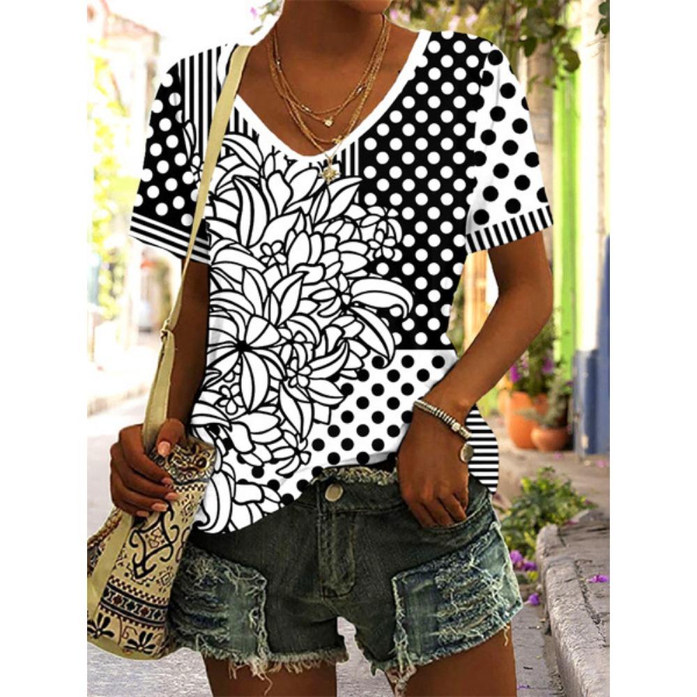 Летний Цветок 3D Печать Женская Мода V-образный вырез Короткий рукав 5XL