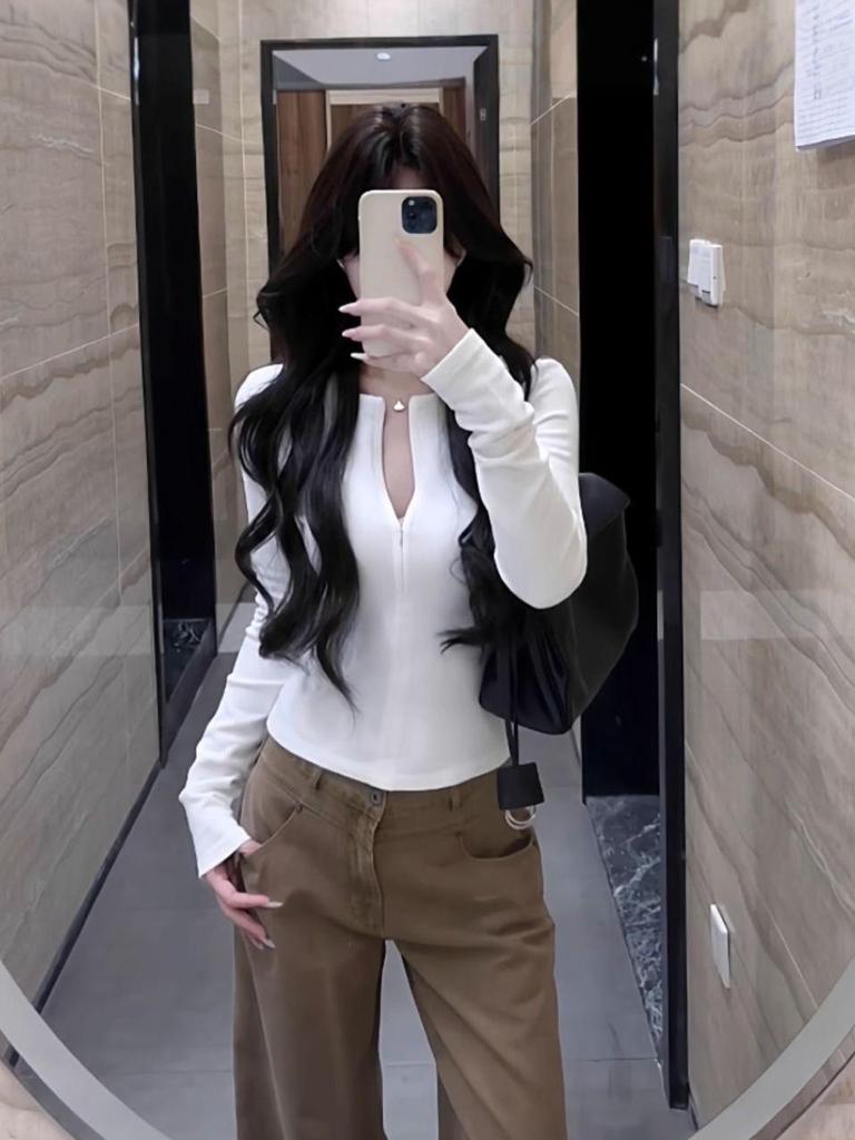 Spicy Girl Slimming Half-Zip Long-Sleeve T-shirt for Women - Autumn/Winter