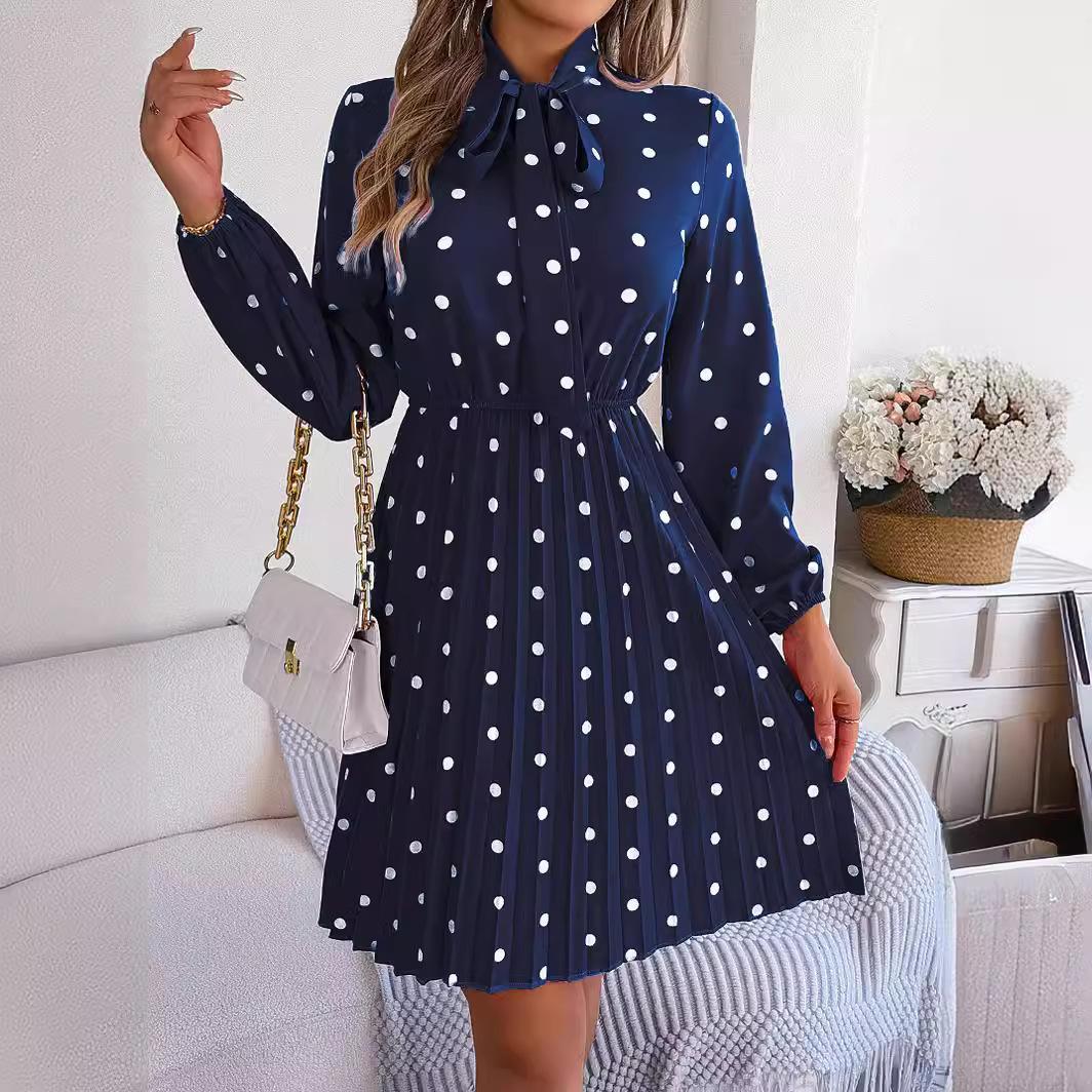 

GMXIA Autumn and Winter Stylish Polka Dot Tie Waist-cinching Long-sleeved Pleated Skirt Women s Wear S тёмно-синий