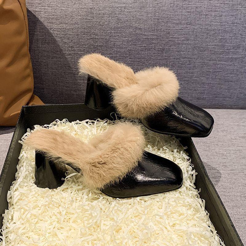 Year Slippers Outer Wear Bag Head Muller Shoes Feel Fluffy Daily High Heels Thick Heel