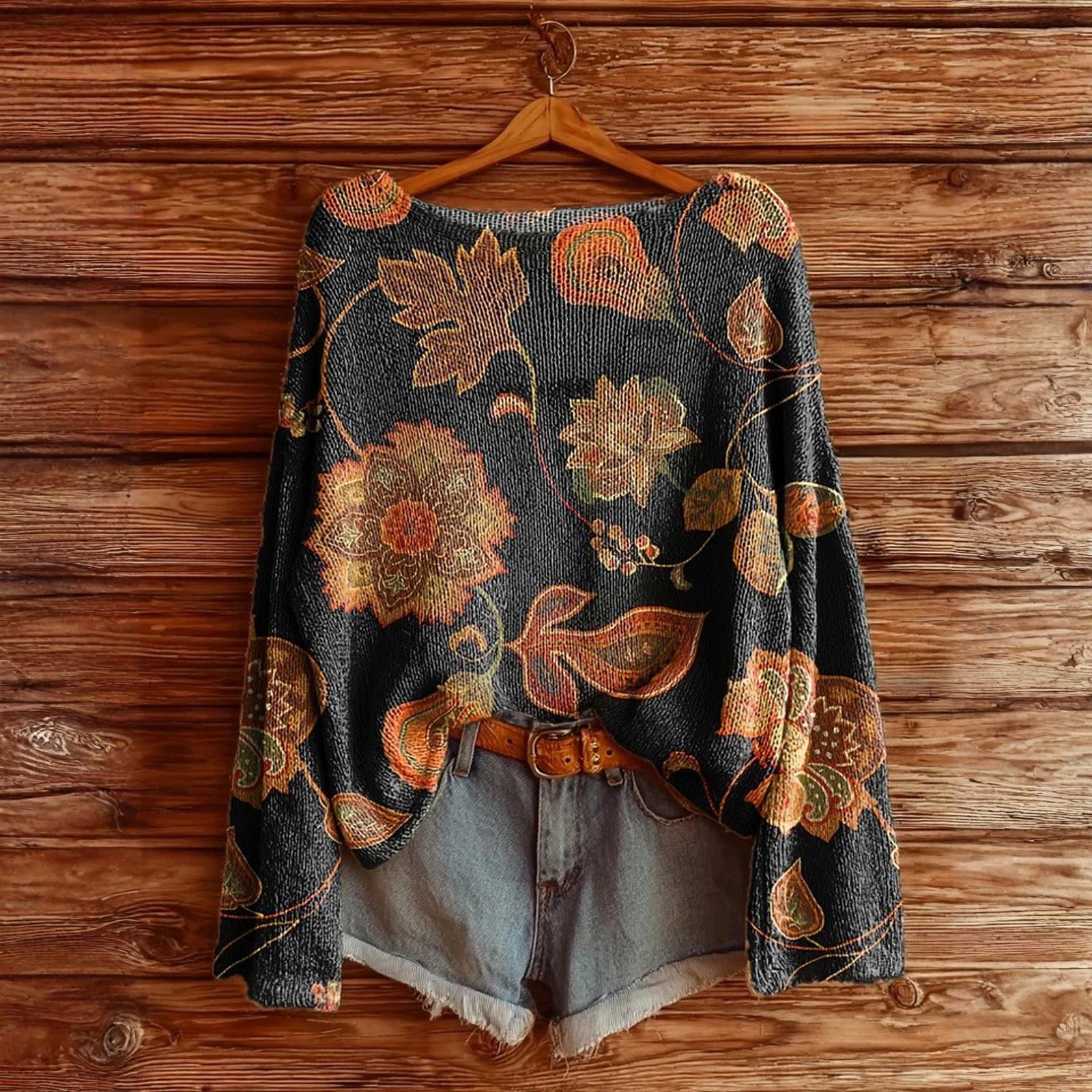 

Женская футболка с винтажным цветочным принтом, круглым вырезом, свободная, с длинным рукавом, средней длины, с большим пальцем, с утечкой M чёрный