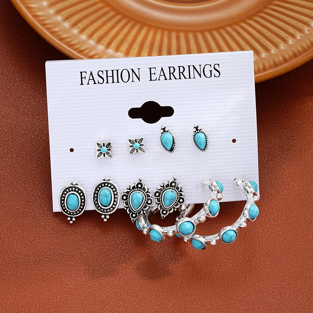 Vintage Turquoise Tibetan Silver Color Earring Sets For Women Boho Ethnic Geometric Heart Shape Leaf Shell Drop Earrings Jewelry