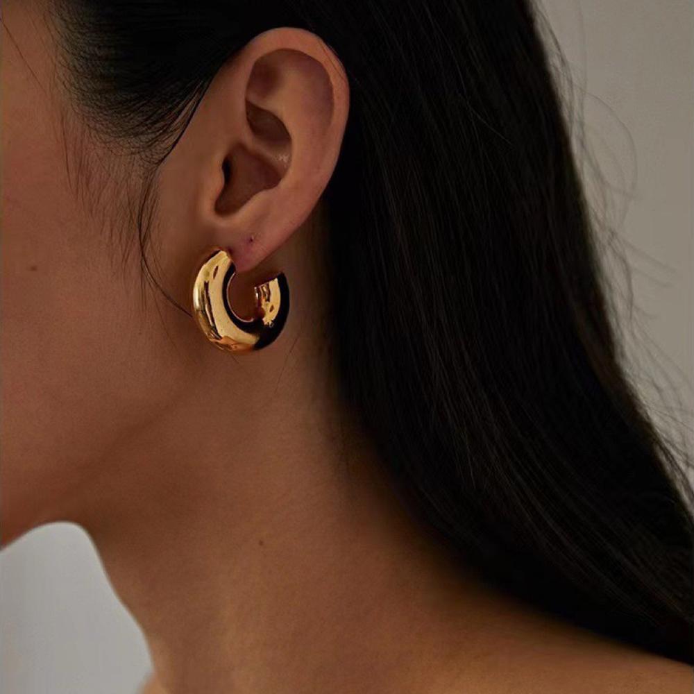 Stainless Steel Chunky Round Circle Clip Earring for Women Gold Color C Shape Ear Cuff Stud Tube Thick Earclips Jewelry
