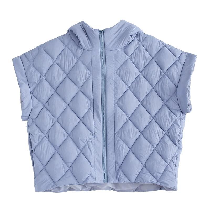 Hochwertige weiße Entendaunenweste Damen Herbst und Winter Mode Kleine Fliege Ärmel Kapuze Rautenmuster Weste Jacke