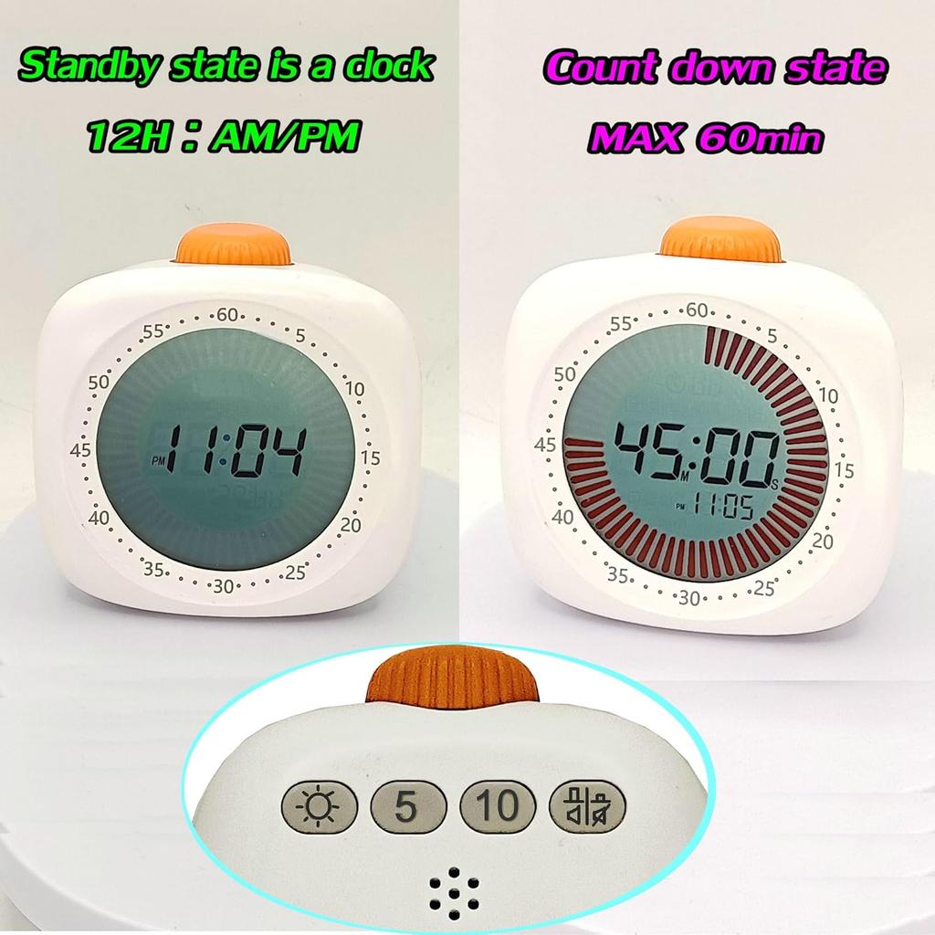 Pomodoro Digital Visual Timer with 3 Alarm Clock, All In One 60min Study Kitchen Shower Blacknight Cute Timer, Time Manager Tool