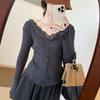Women's High-End French Lace Knit Patchwork Top - Ruffled, Two-Piece Look, Ideal for Autumn/Winter