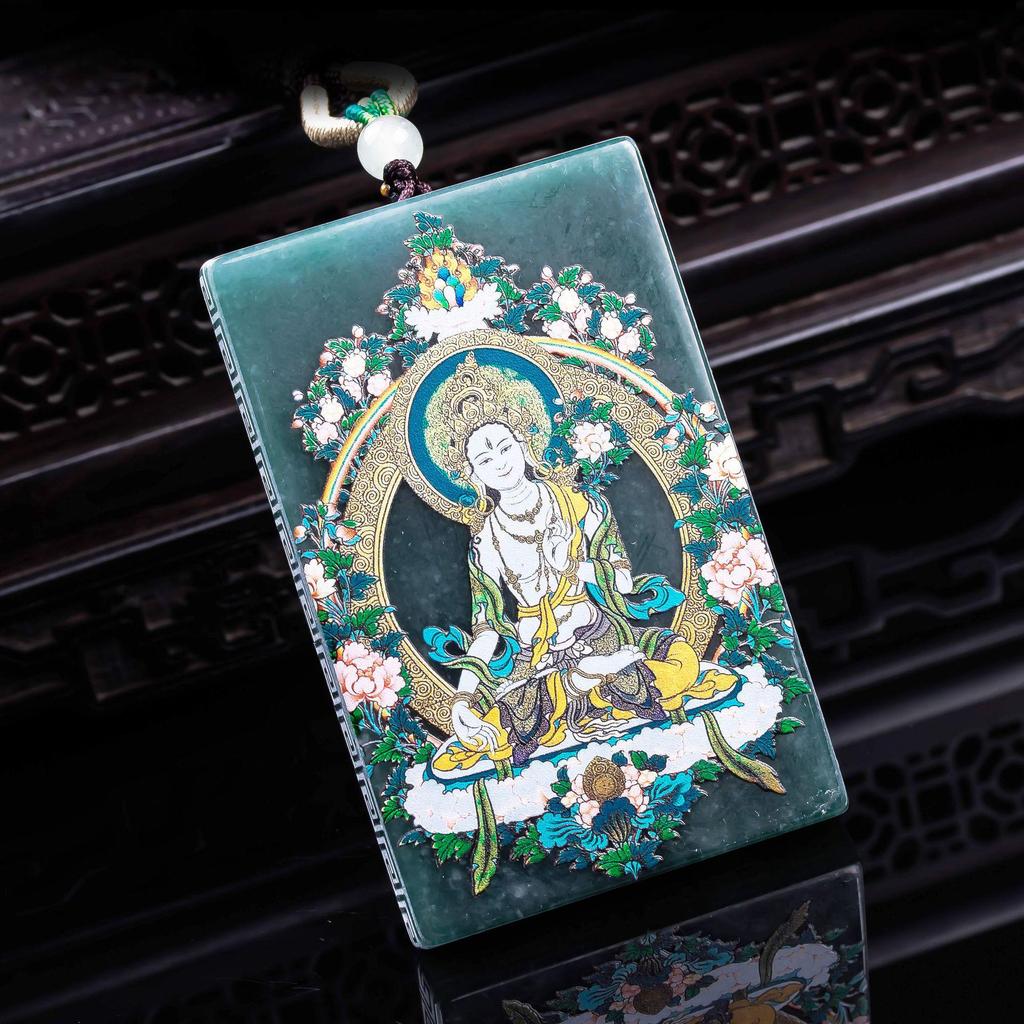 Exquisite High-Ice Grade A Natural Jade Pendant - White Tara Blue Water Design