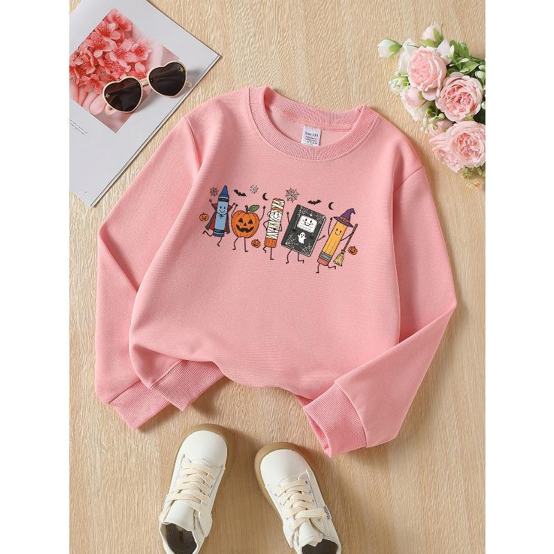 European Sizes Girls' Long-Sleeve Crewneck Sweatshirt "Halloween School Supplies" Printed Top, Casual for Celebrations & Everyday Wear