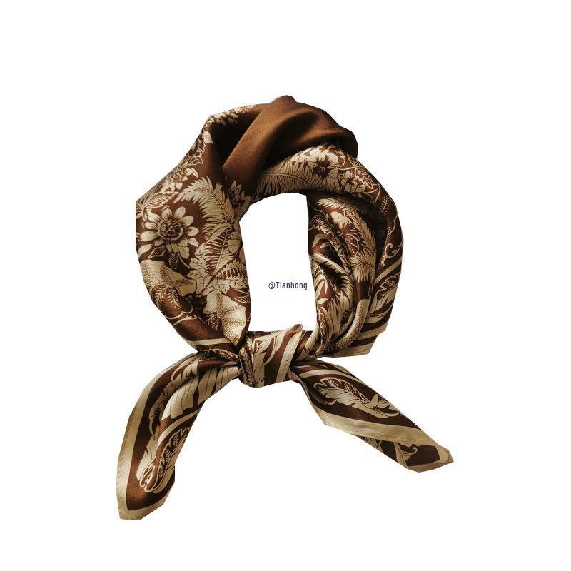 Sunset Retro Brown Banana Jungle Silk Scarf - Thin Mulberry Silk Small Square for Casual Neckwear.