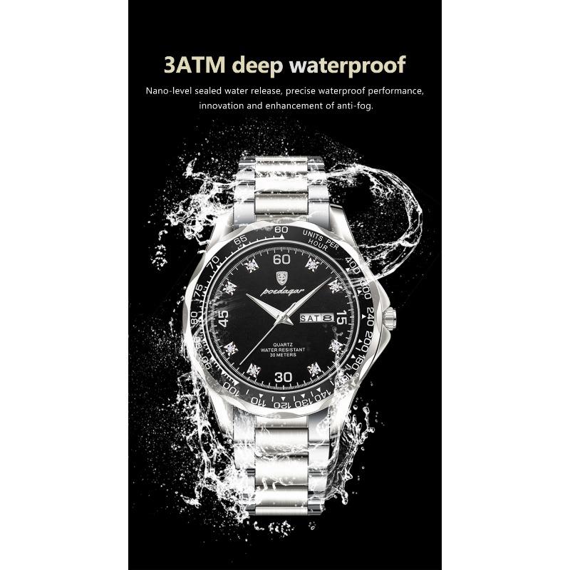 POEDAGAR Fashion Luxury Man Clock Waterproof Luminous Date Week Wristwatch Stainless Steel Quartz Business Watches for Men