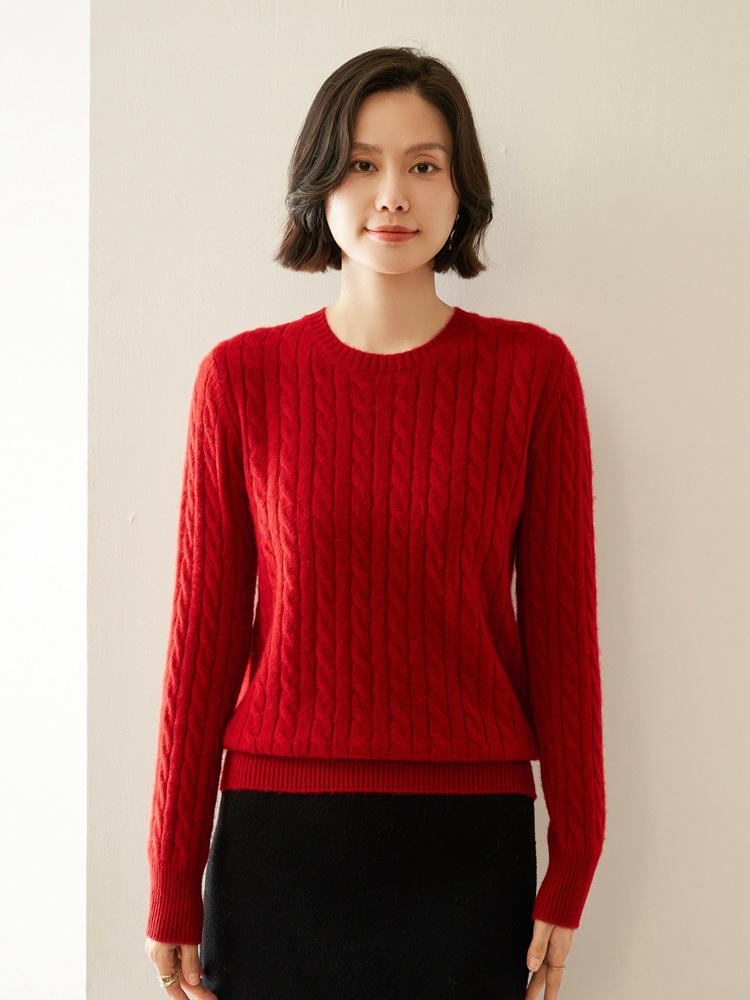 Elegant Twisted Cashmere Round Neck Sweater for Women - Autumn/Winter 2026: Slimming, Loose, and Warm Base Layer