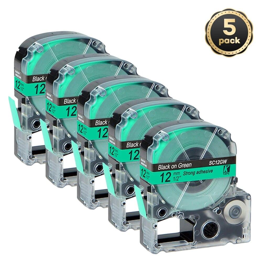 5 pachete 12 mm negru pe alb etichetă compatibilă Epson LC-4WBN / SS12KW SC12RW SC12YW ST12KW pentru imprimanta Epson LW300 LW400 500 600