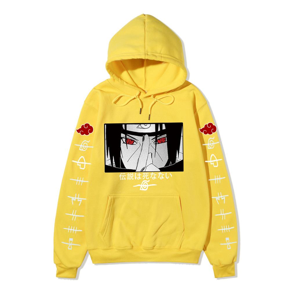 Anime Naruto Itachi Uchiha Hoodie Double Sleeve Akatsuki Cloud & Symbol Print Sharingan Character Front Print Pullover Sweatshirt Men Women Streetwear