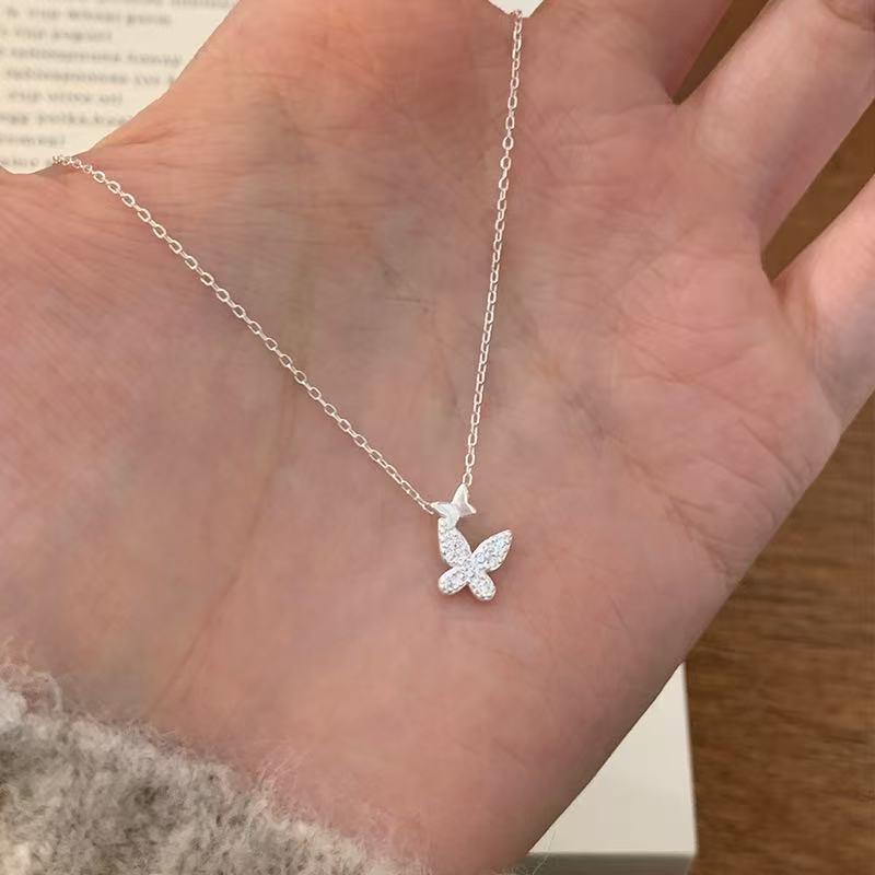 Flash Diamond Double Butterfly Necklace Women'S Light Luxury Niche Versatile High Sense Chinese Style Exquisite Zircon Collarbone Chain Jewelry Tide Q