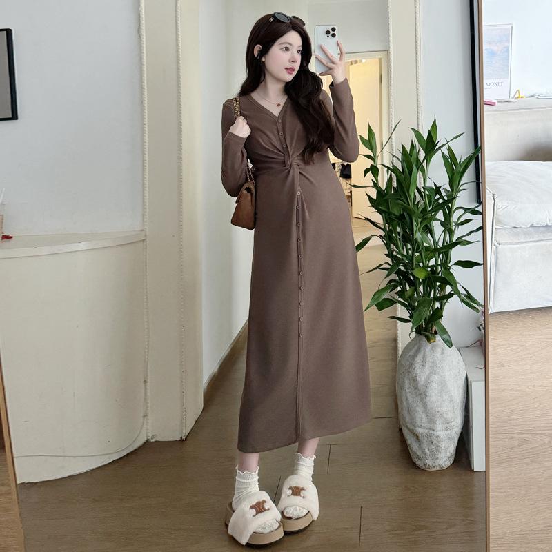Maternity French V-Neck Long Sleeve Dress for Autumn/Winter XL
