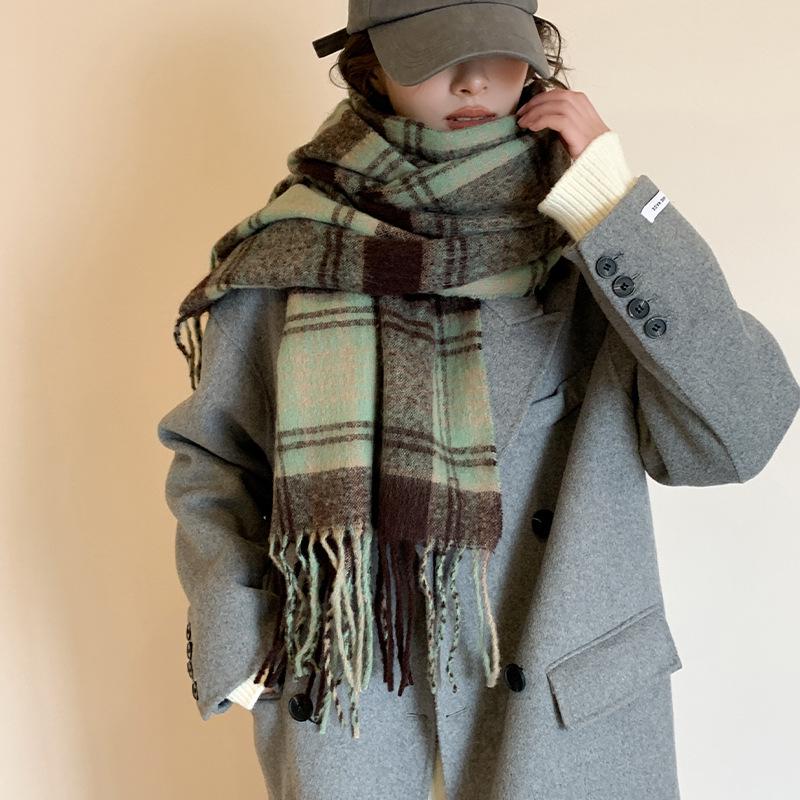 2025 Retro Korean Style Women's Warm Plaid Scarf & Shawl in Brown