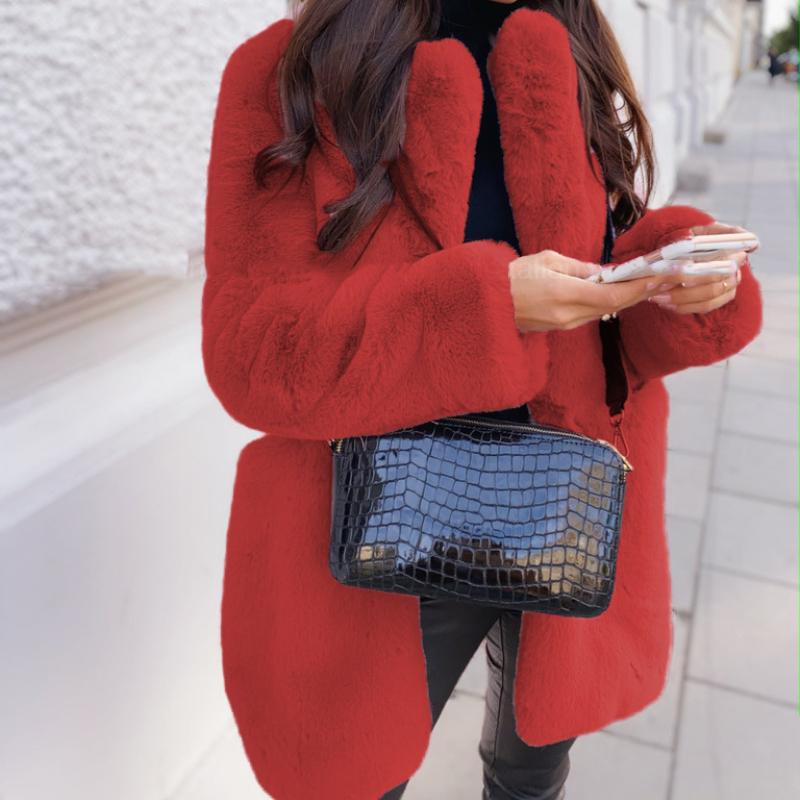 Μπουφάν με πέτο από απομίμηση δέρματος μονόχρωμο ζεστό μακρυμάνικο