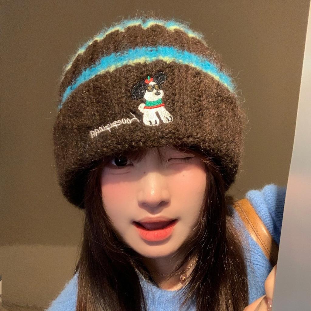 Puppies Piled Loose, Striped, Knitted Wool, Small Hat, Female Big Head Face, Cute Baotou, Warm In Autumn and Winter