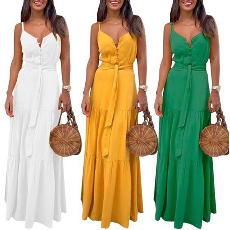 Women's Long Skirt Fashion Sexy and Ankle Bohemian Personality Button V-neck Stitching Strap Dress