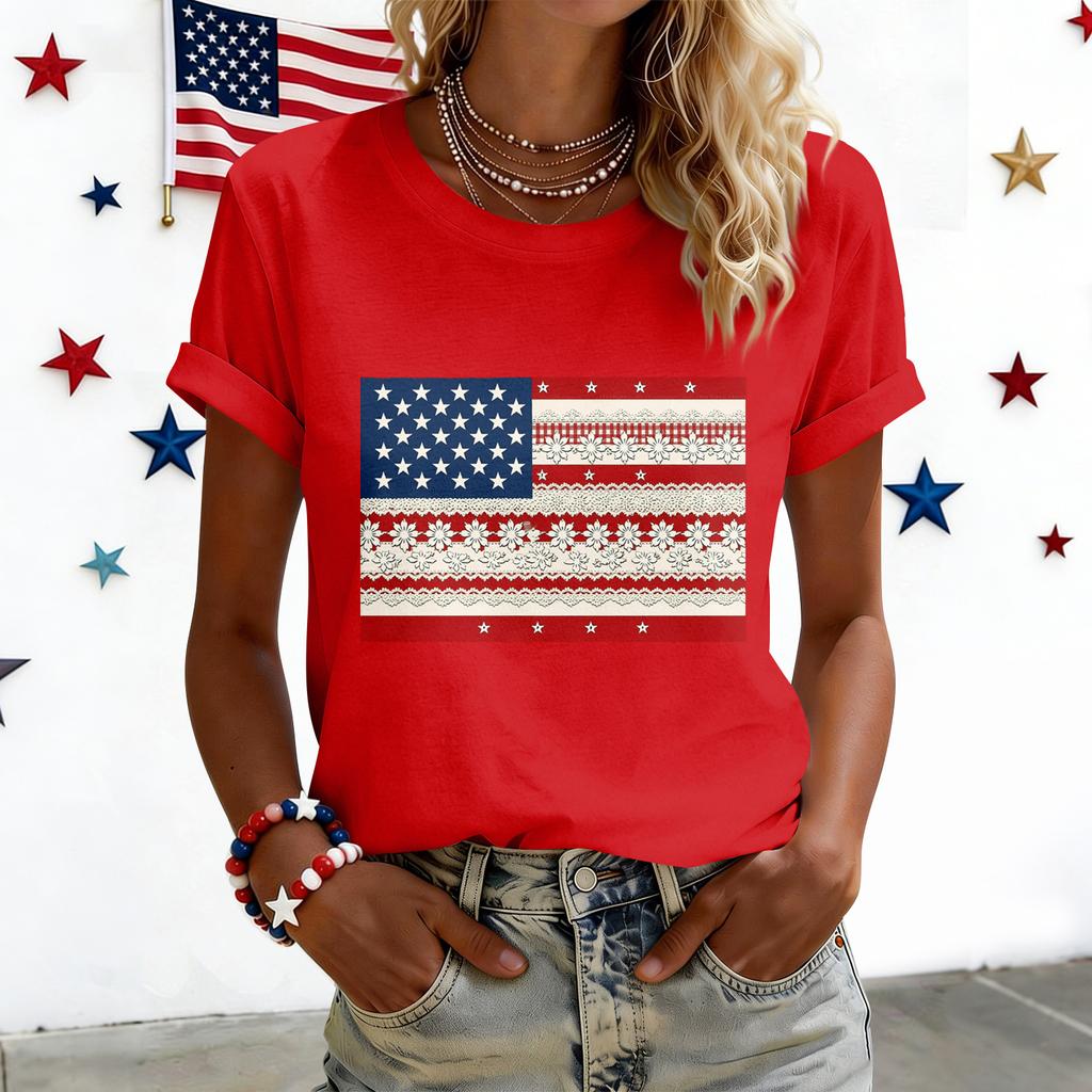 Women's American Floral Patchwork Print Casual T-Shirt 250Th Anniversary USA Shirt Patriotic Tshirt