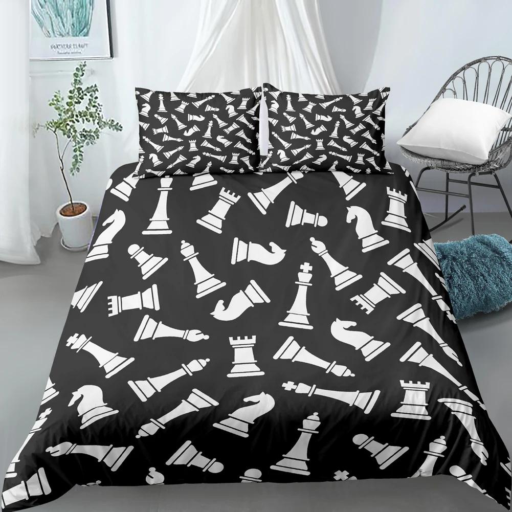 Chess Board Duvet Cover Set 3D Print International Chess Black White Comforter Cover For Boys Girls Polyester Bedding Set