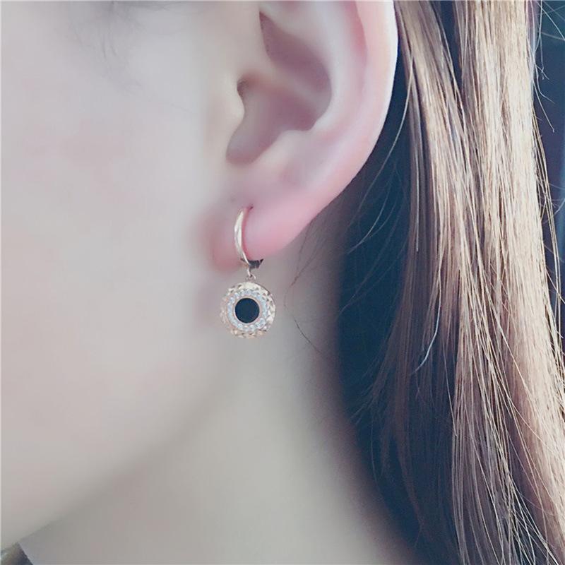 Purple Gold-Plated Rose Gold Black Stone Cart Flower Side Drill Geometric Round Ear Buckle Women'S Earrings