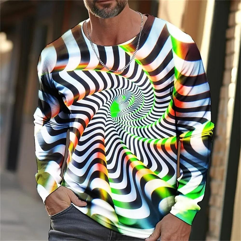 Optical Illusion 3D Digital Printing Men's Fashion Trend Round Neck Long Sleeved T-shirt