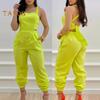 Women Jumpsuit Sleeveless Color Matching Printed Lace-up Bow Cross Back Pockets Ankle-banded Backless High Waist Lady Commute Party